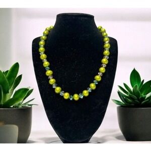 Pearl Necklace Dark‎ Green Chartreuse Freshwater and Crystal Spacers 18.5 Inches